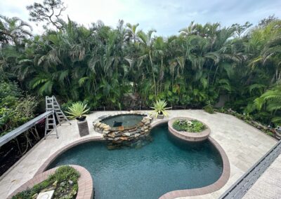 A backyard view featuring a kidney-shaped swimming pool with an adjacent smaller circular hot tub. The hot tub is surrounded by a stone wall. Lush greenery and tall palm trees provide a dense natural backdrop. A ladder and some plants are positioned next to the pool.